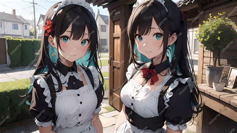 Premium Photo | Two elegant maids anime art for wallpaper