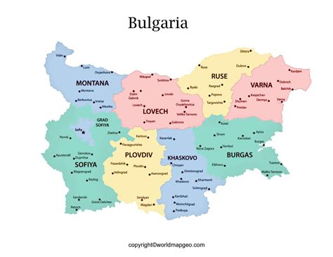 Labeled Bulgaria Map with States Capital and Cities