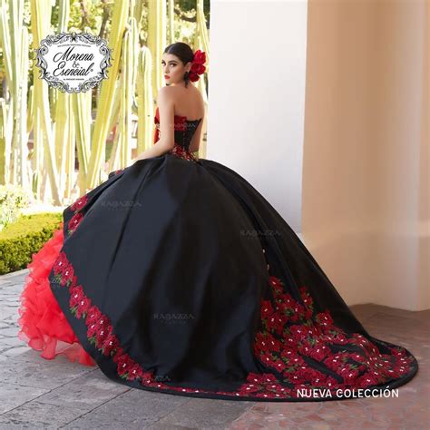 Split Front Floral Charro Quinceañera Dress | Red and Black Quinceaner ...