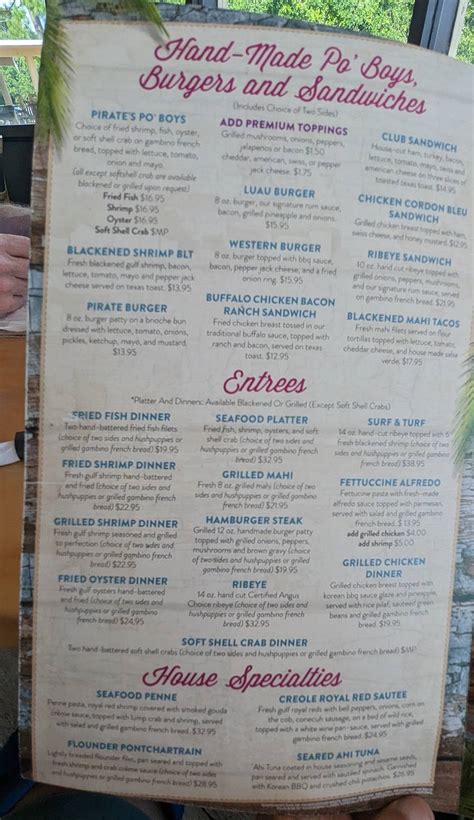 Menu at Pirate's Bar And Grill, Dauphin Island