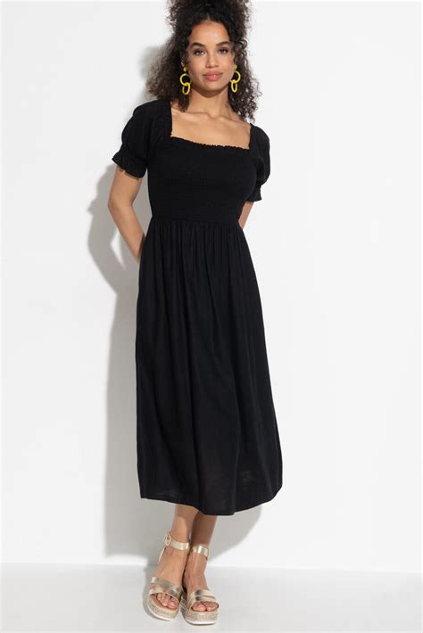 Daisy Shirred Bodice Short Sleeve Linen Blend Midi Dress in Black ...