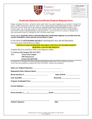 Fillable Online Duplicate Diploma/Certificate/Degree Request Form Fax ...