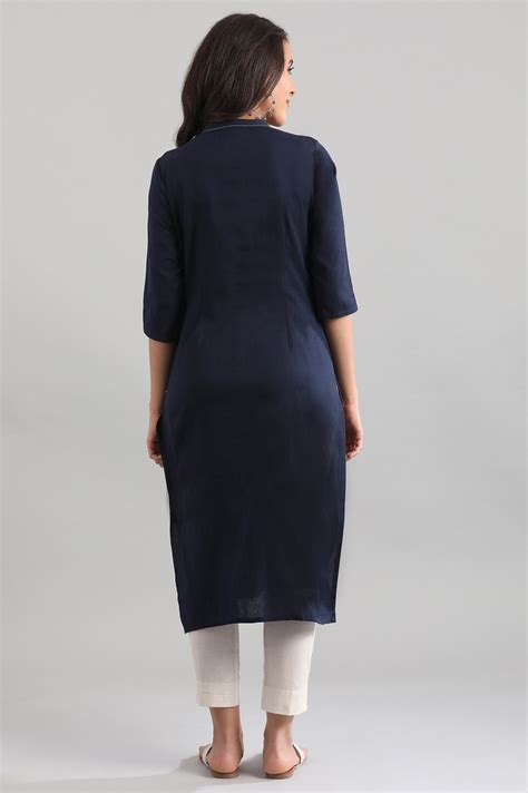 Buy Indigo Blue Straight Ethnic kurta in Band Collar Online for Woman ...