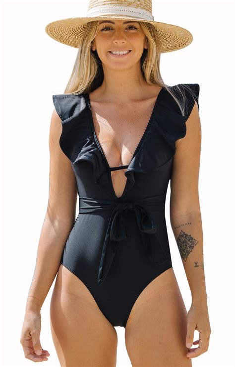 Sportlike + V-Neck Ruffle Bathing Suit