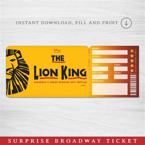 Printable Lion King Broadway Surprise Ticket︱musical Theatre Ticket ...