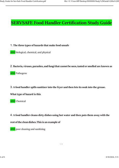 ServSafe Food Handler Certification Study Guide 2024 Actual Questions ...