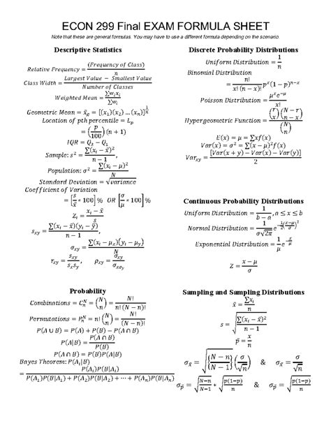 ECON 299 Formula Sheet - ECON 299 Final EXAM FORMULA SHEET Note that ...