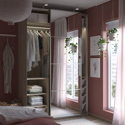 PAX / AULI wardrobe with sliding doors, grey-beige/mirror glass ...