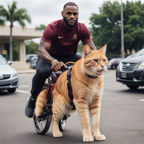 Lebron james riding a cat in a parking lot