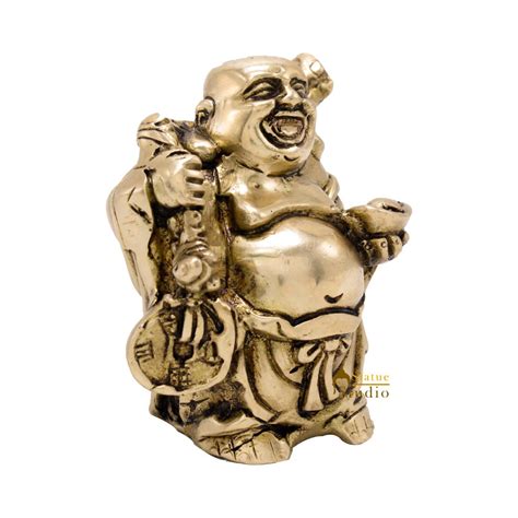 Brass Laughing Happy Buddha Idol Statue Small Showpiece Fengshui Vastu ...
