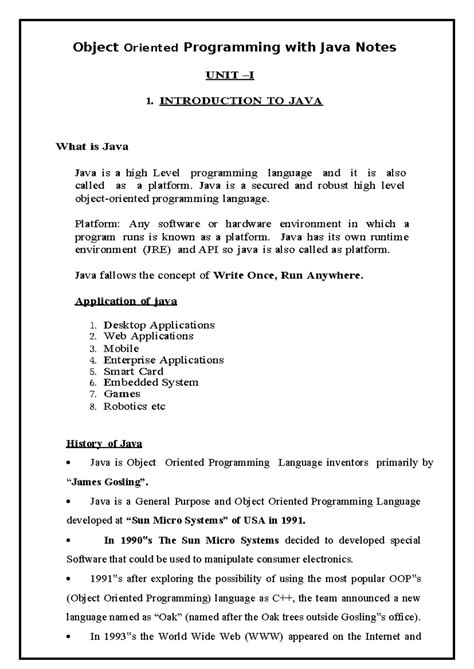 Unit 1 java - Unit 1 java - UNIT –I 1. INTRODUCTION TO JAVA What is ...