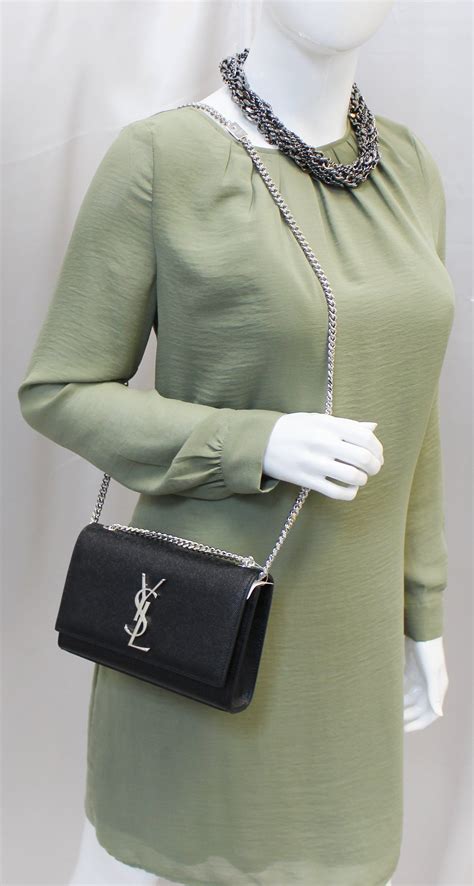 YVES SAINT LAURENT Kate Black Leather Silver Chain Clutch Crossbody Ba