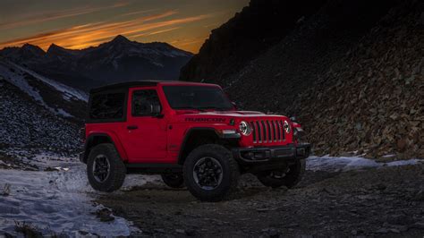 Download wallpaper snow, sunset, mountains, red, 2018, Jeep, Wrangler ...