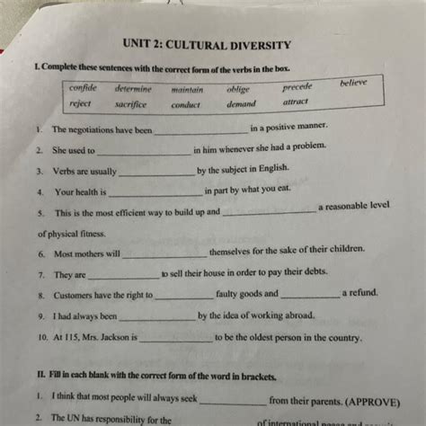 UNIT 2: CULTURAL DIVERSITY I. Complete these sentences with the correct ...