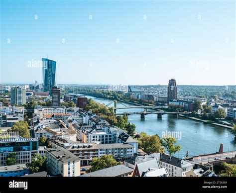 Panorama of the skyline of Frankfurt am Main city with several Bridges ...