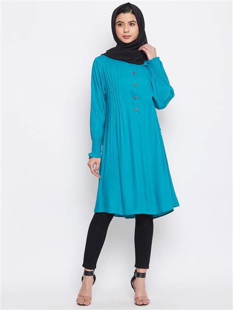 Nabia Women Sky Blue Rayon Fabric Tunic Abaya With Georgette Scarf