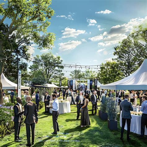 People are standing in a field with tables and white tents | Premium AI ...