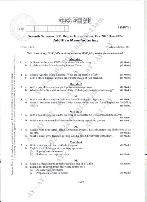 BAE405A Additive Manufacturing Model Question Paper (CBCS) - Studocu