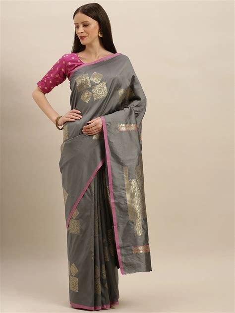 Stylish Kanjivaram Grey Colour Silk Blend Woven Design Saree