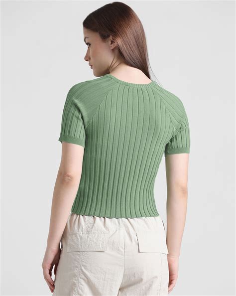 Green Ribbed Fitted Pullover