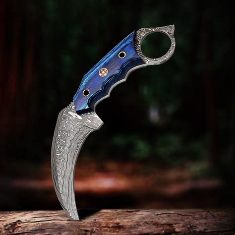 7.5" Handmade Blue Wood Handle // Damascus Karambit Knife // Leather Sheath - FH Knives Hunting ...