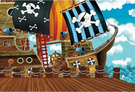 Buy AOFOTO 5x3ft Cartoon Pirate Themed Backdrop for Photography Wooden ...