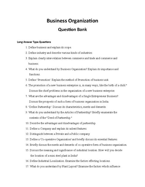 Question Bank (Important Question) - Business Organization Question ...