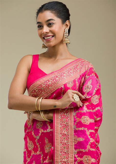 Buy Rani Pink Plain Art Silk Saree - Koskii