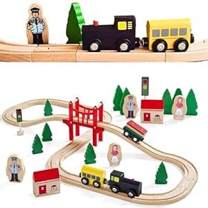 Buy BLiSS HUES 39 PCS Wooden Train Set with Tracks, Vehicles Toys for ...