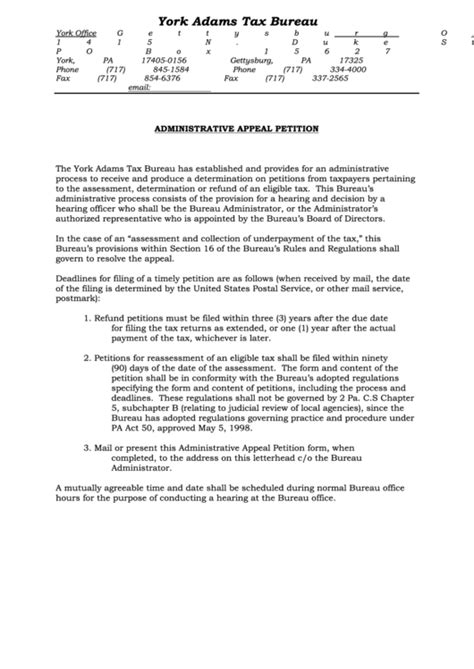 Administrative Appeal Petition Form - York Adams Tax Bureau printable ...