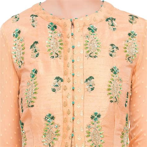 Peach raw silk zardozi anarkali set with green dupatta – Shyam Narayan ...