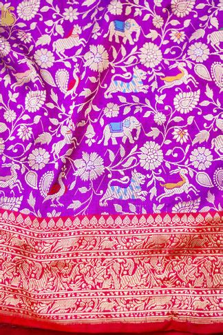 Handwoven Banarasi Katan Silk Shikargah Saree with Contrast Border ...
