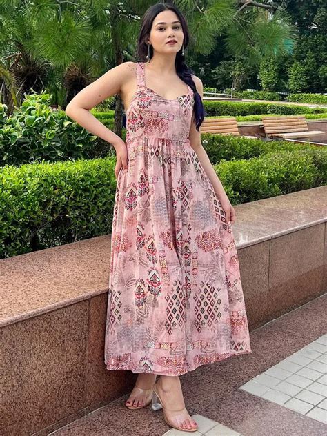 Buy Pink Printed Georgette Fit and Flare Dress Online at Rs.624 | Libas