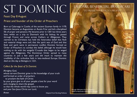 St Dominic. Priest and founder of the Order of Preachers (OP), or Dominicans. Feast day - 8 ...