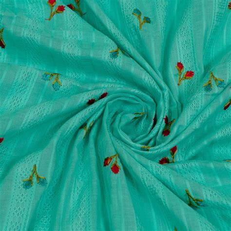 Firozi Color Cotton Embroidered Fabric