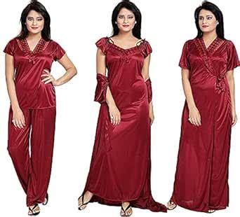 Buy Beautiful 4 PCS Set Satin Maxi Night Dress Night Suits Nighty for ...