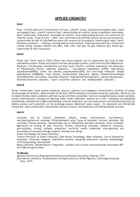 Semester 1 Syllabus - APPLIED CHEMISTRY Unit I Fuels: Classification ...