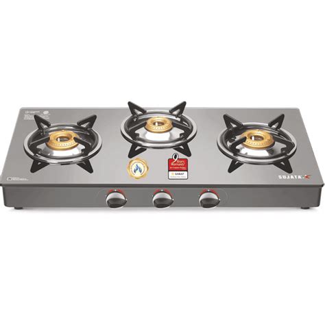 Sujata Cooktop Standard, 3 Burner Glass Top Brass Burner Gas Stove (Bl ...