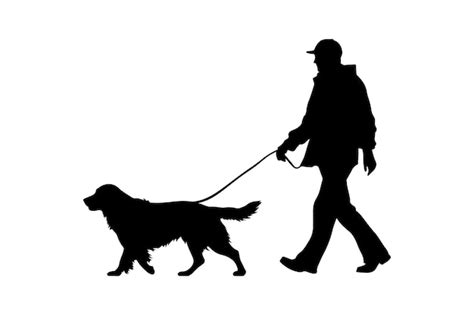 Silhouette of man with dog walking isolated on white background ...
