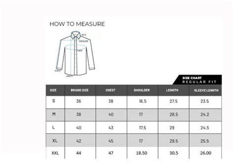 Size chart for formal shirts