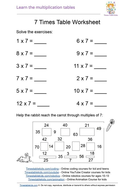 Image result for 7 Times Table Test Worksheet