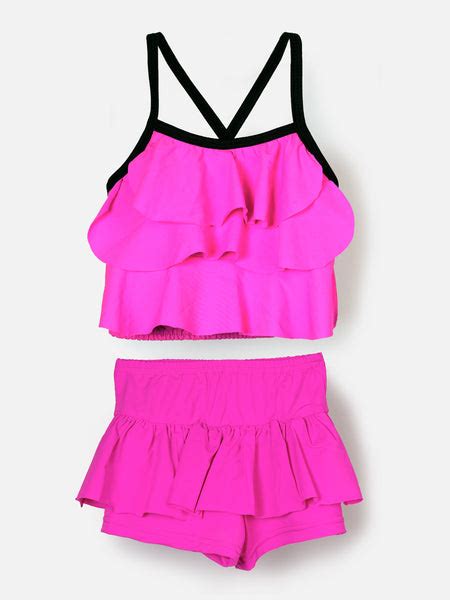 CUKOO Girls Solid Pink Ruffled 2 PC Swim suit set (kids swimsuit ...