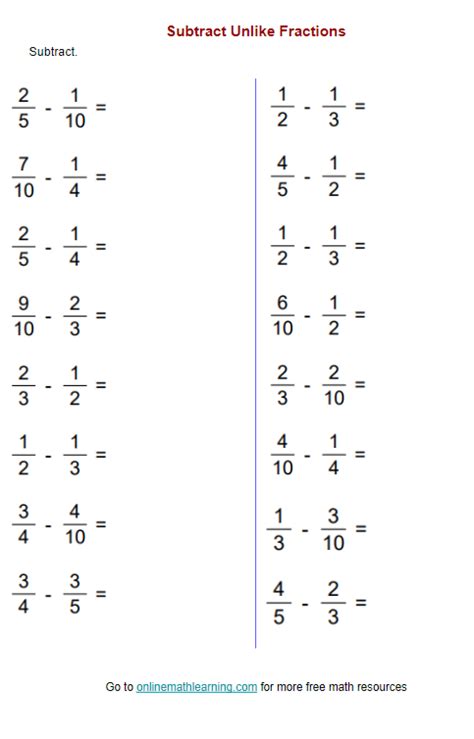 Image result for Adding and Subtracting Unlike Fractions Worksheet