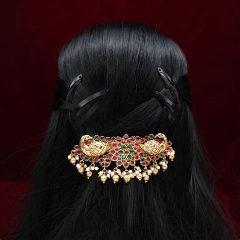 Premium Antique Nagas Kemp Chakri Flower Rettapakshi French Barrette H