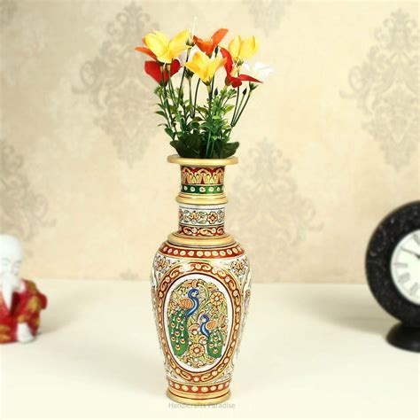 Buy Handicrafts Paradise Flower Vase Carved in Marble with Peacocks ...