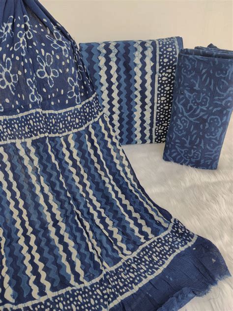 (INDIGO BLUE) HAND BLOCK PRINTED COTTON SUIT WITH PURE CHIFFON DUPATTA ...