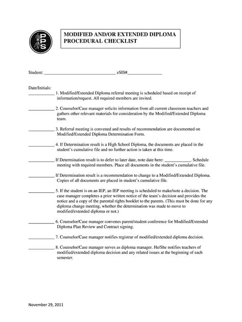 Fillable Online modified and/or extended diploma procedural checklist ...