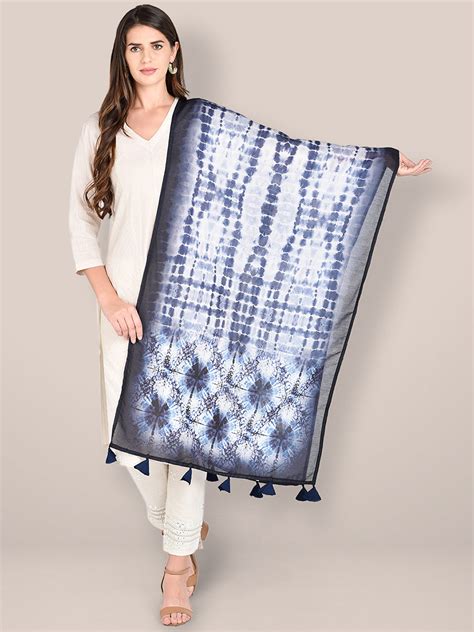 Indigo & White Shibori Printed Blended Silk Dupatta. Dupatta Bazaar