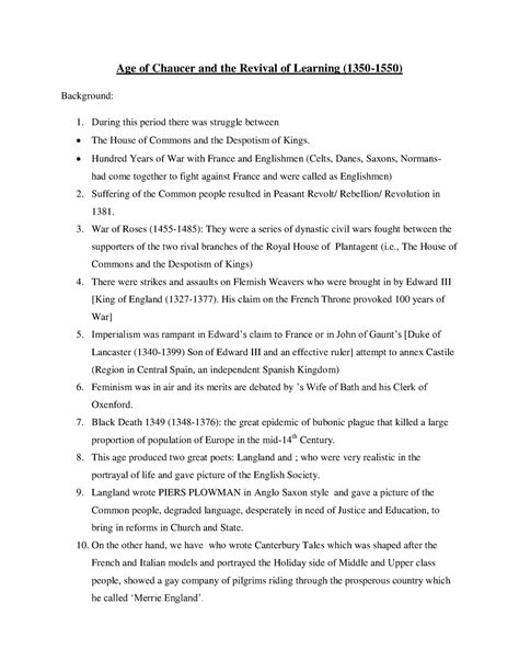 Age of Chauser and the Revival of Learning - , The House and the ...