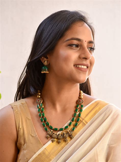 Handcrafted Temple Two Layer Terracotta Jewellery Set in Emerald Green ...